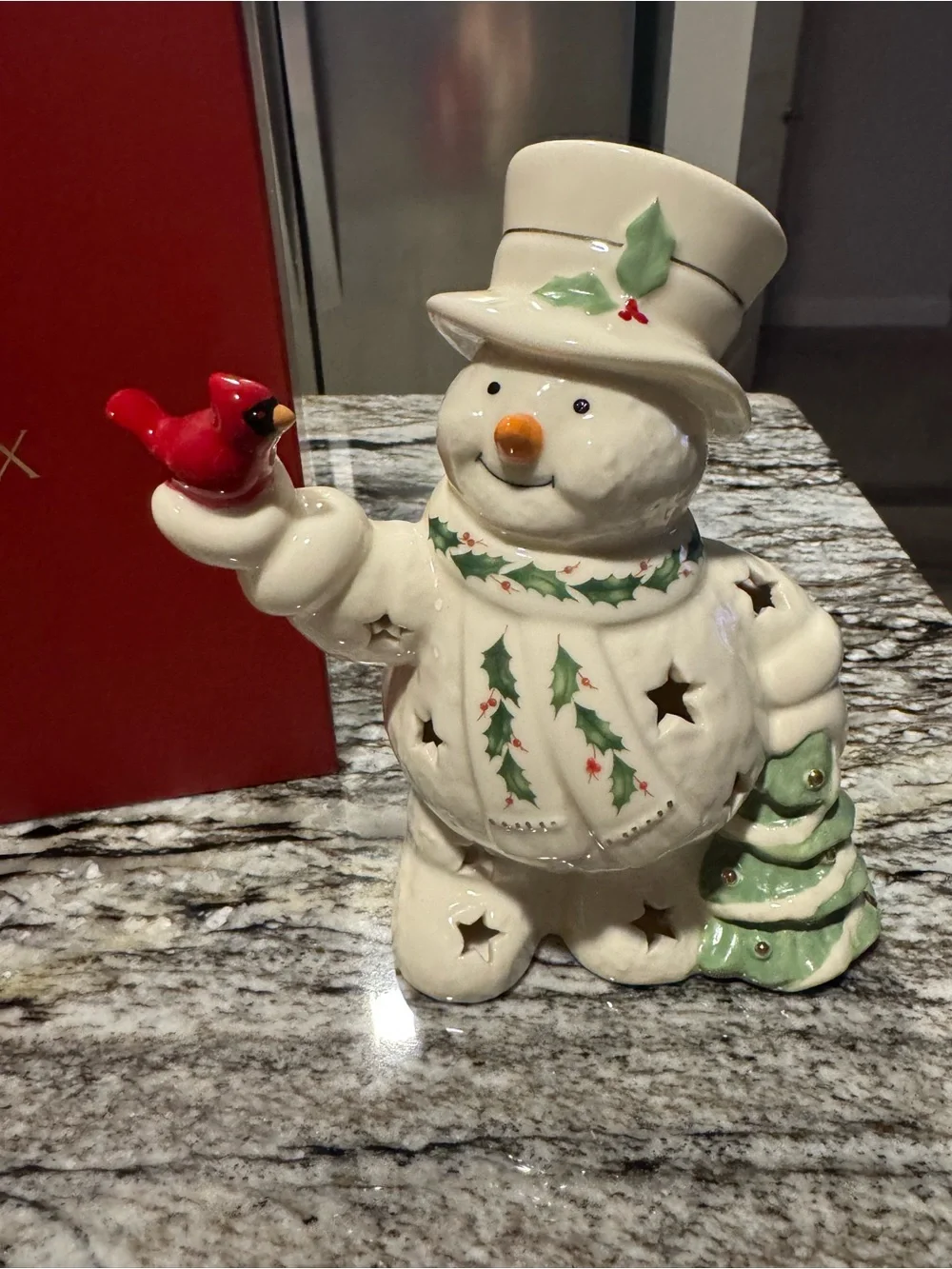 Lenox Festive Ceramic Snowman Figurine with Red Cardinal - Holiday Home Decor